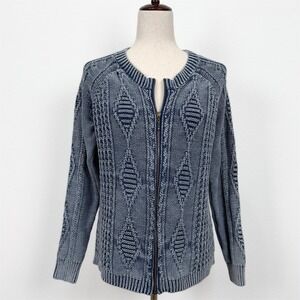 Womens Fisherman Knit Zip Front Sweater Blue Textured Coastal Cardigan Layering